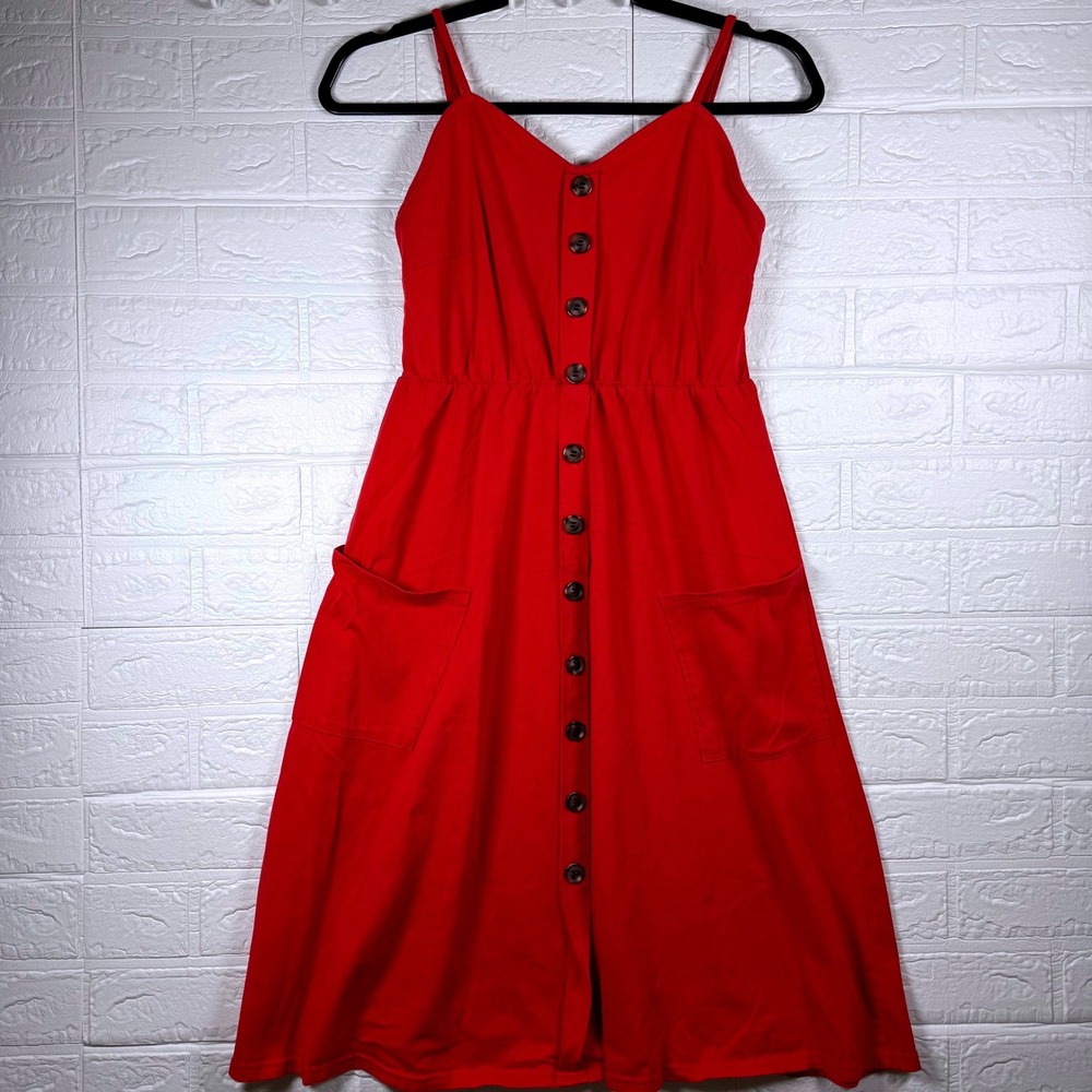 Halife Button Down Sun Dress Women Medium Red Smocked Back Pockets Casual Midi